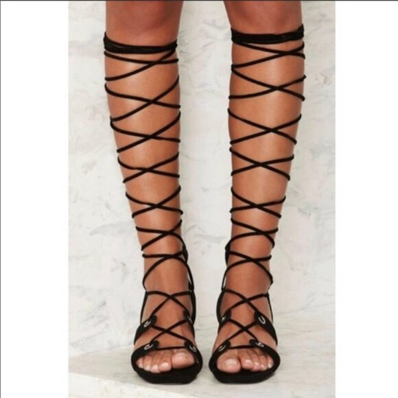 Jeffrey Campbell Bryndis Black Suede Leather Block Heel Lace-up Gladiator Sandal - Picture 2 of 13